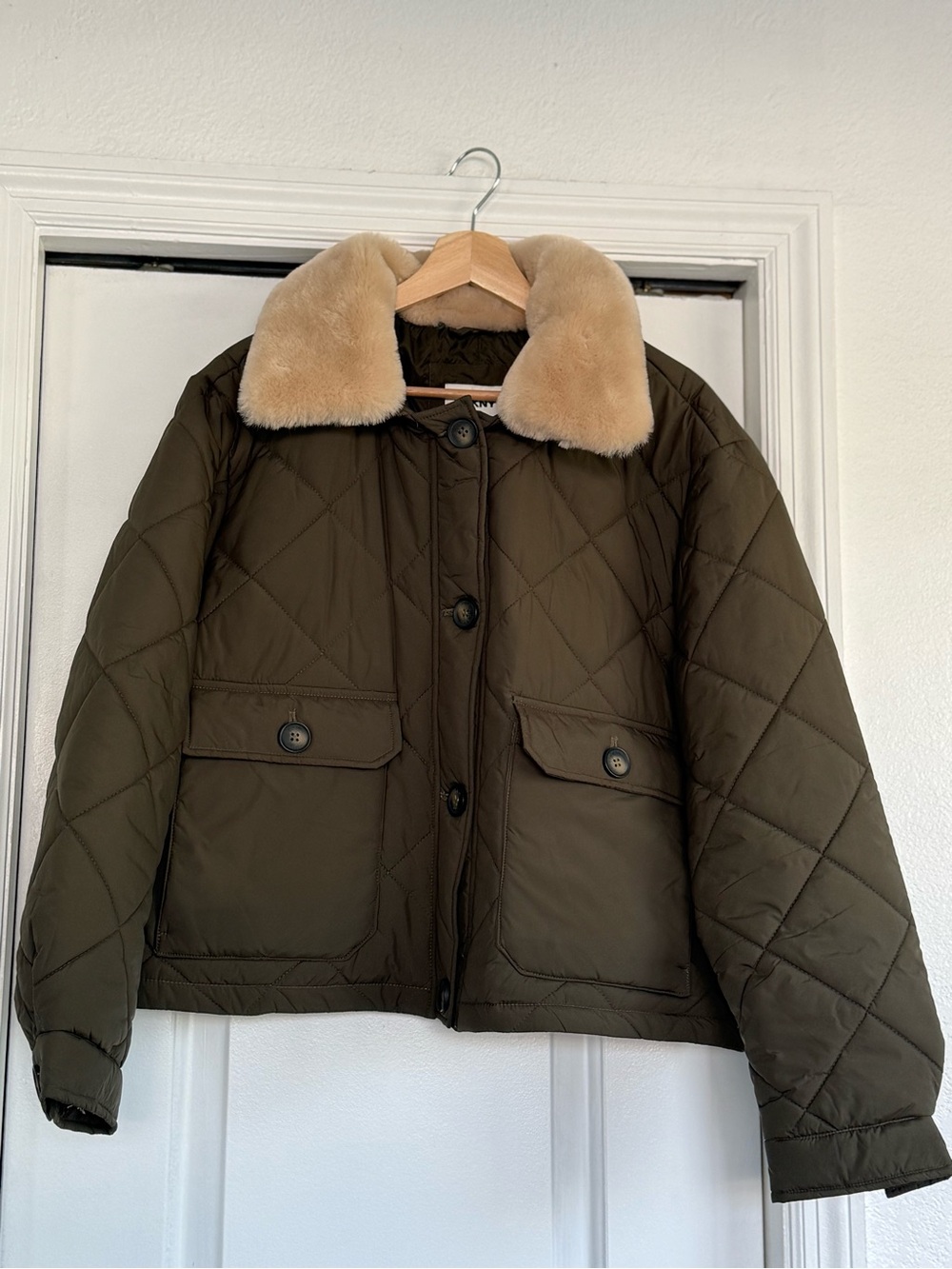 DKNY Olive Quilted Puffer Jacket with Cream Faux Fur Collar